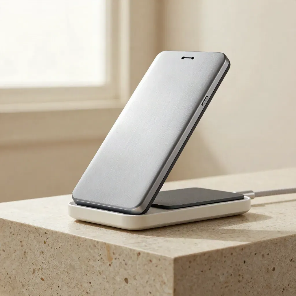 Brushed-silver Teams Phone on travertine with slate accents, studio hero product shot.