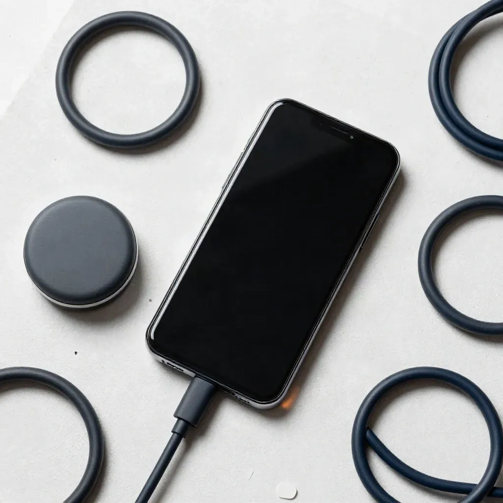Overhead flatlay of a black glass phone, collaboration puck, and cable loops on white plaster