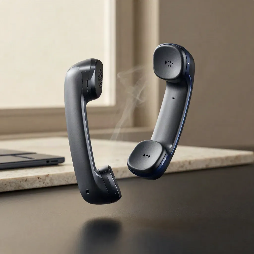 Floating modular communications handset kit in dramatic studio light with cool rim reflections.