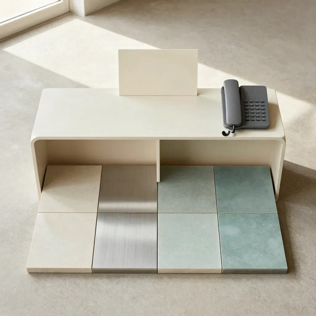 Overhead flatlay of a shared inbox console, phone, and routing tiles on pale stone.