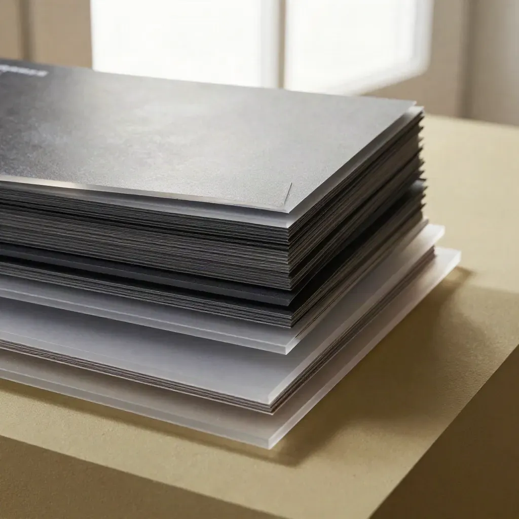Abstract dark layered editorial hub with translucent sheets on a khaki plaster surface