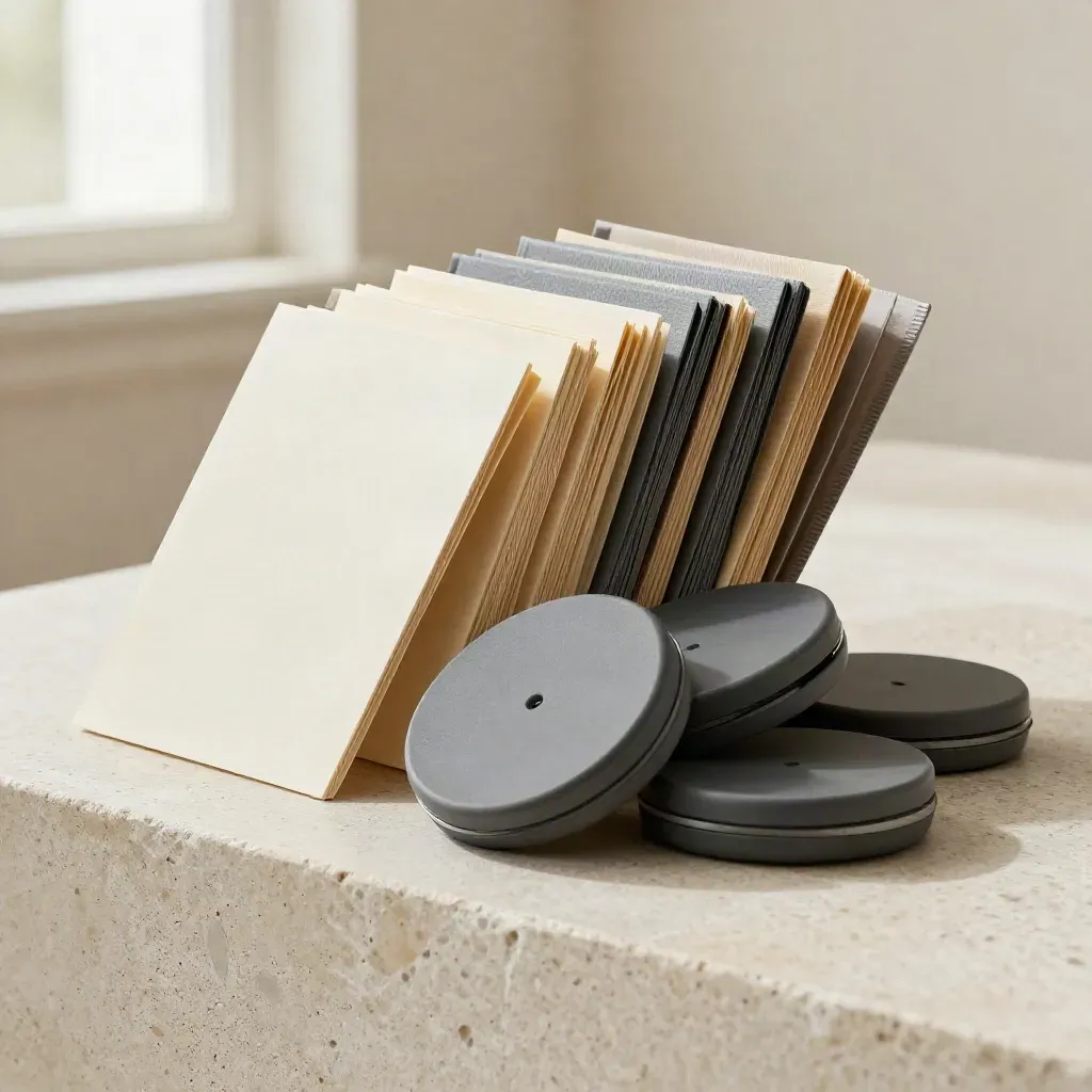 Graphite monitoring pucks and ivory review cards burst across a pale stone ledge in dramatic light.