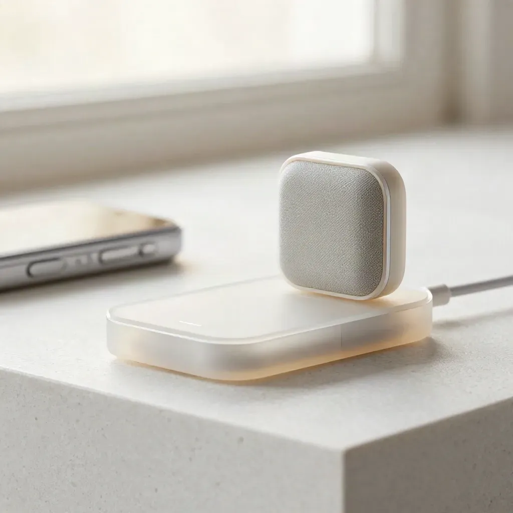 Translucent handset dock and speaker capsule on white travertine with soft studio light.