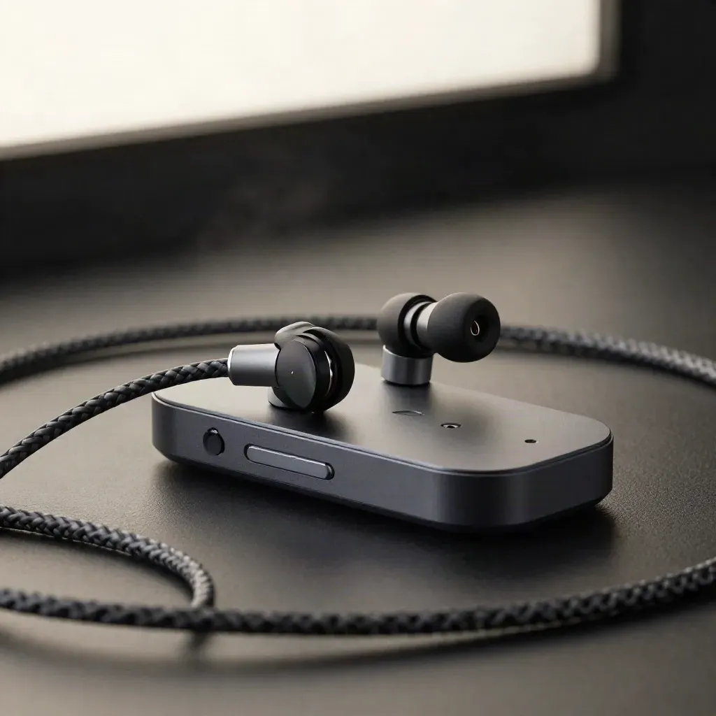 Twilio Flex-style comms core unfolding with cables and earpieces on a dark studio surface.
