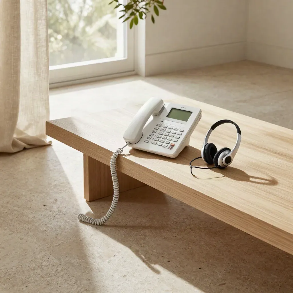Sunlit travertine landing with VoIP hardware, linen curtain, and pale wood bench edge