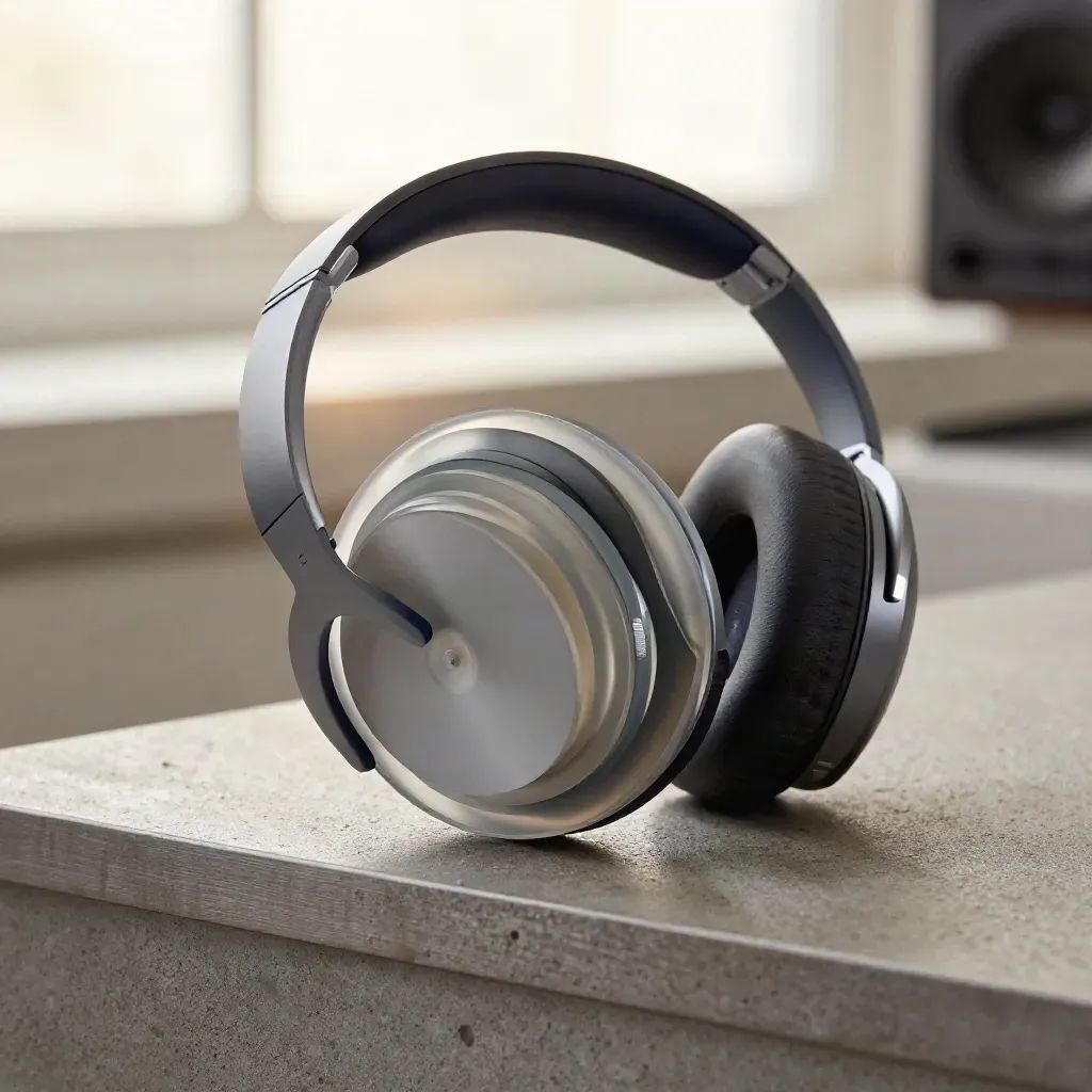 Macro of a listening hub with concentric discs, headphone band and layered panels on concrete.
