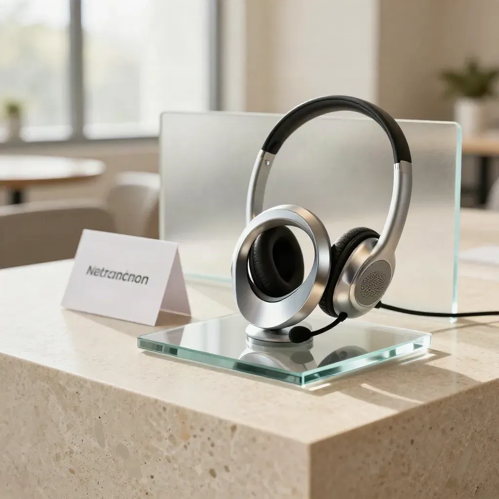 Polished conferencing kit with speaker, headset, and glass dock on pale limestone