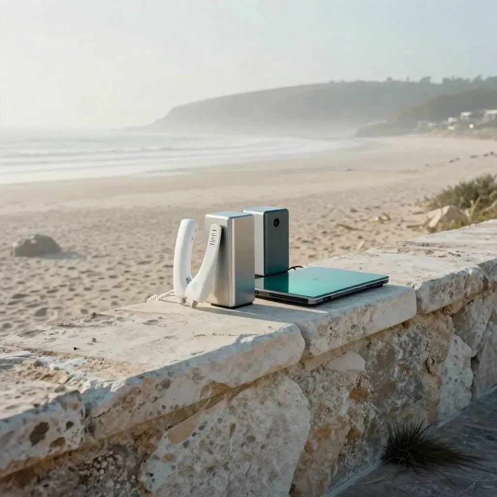 Misty coastal terrace with VoIP gear on pale stone, salt grass, and teal sea-glass reflections.