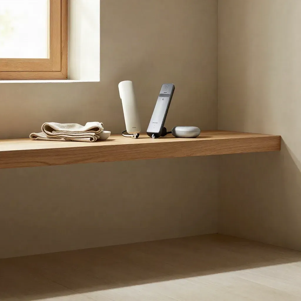 Oak interior with UCaaS devices on a ledge, soft window glow, calm space below.