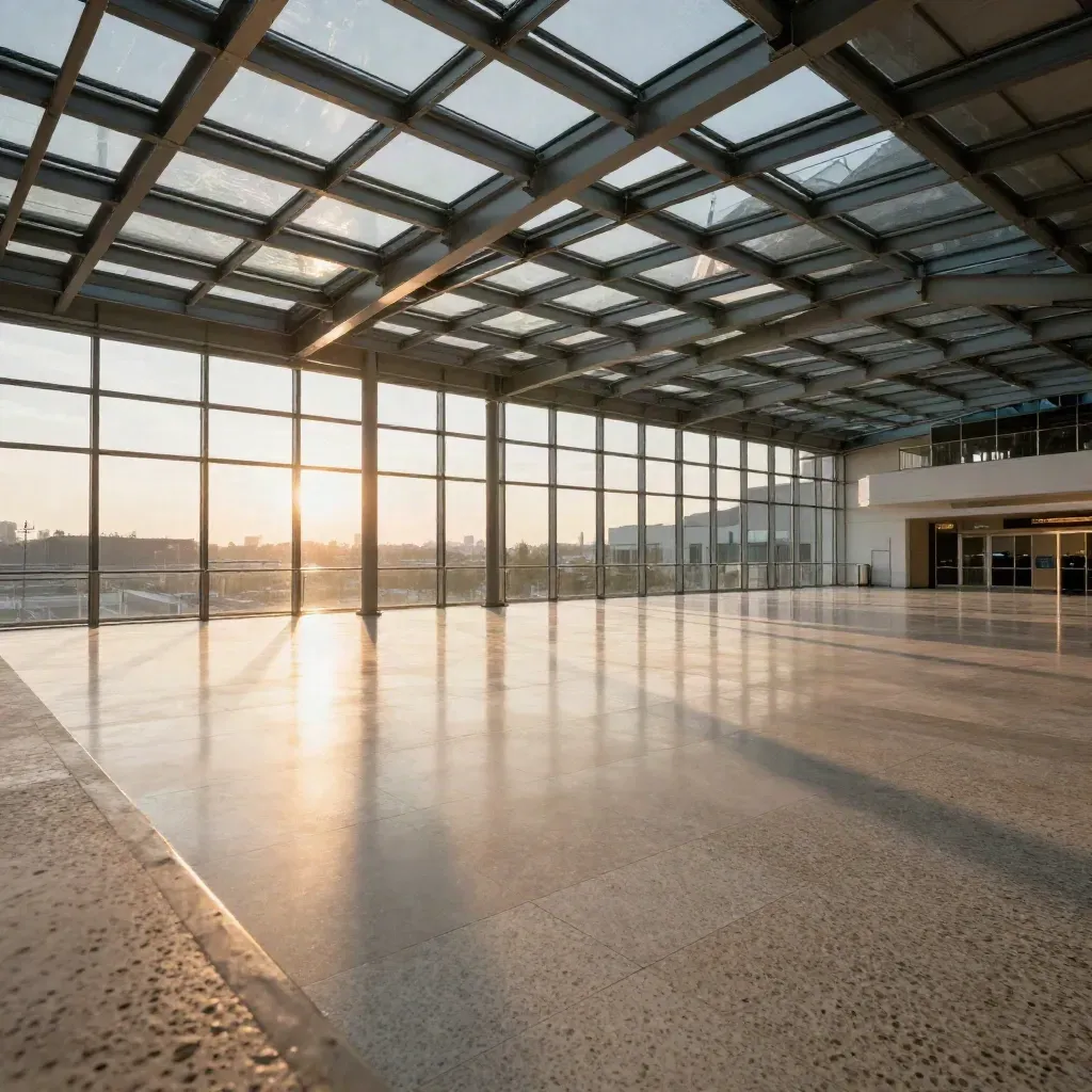 Golden-hour glass transit hall with steel canopy, brushed floor reflections, and calm copy space.