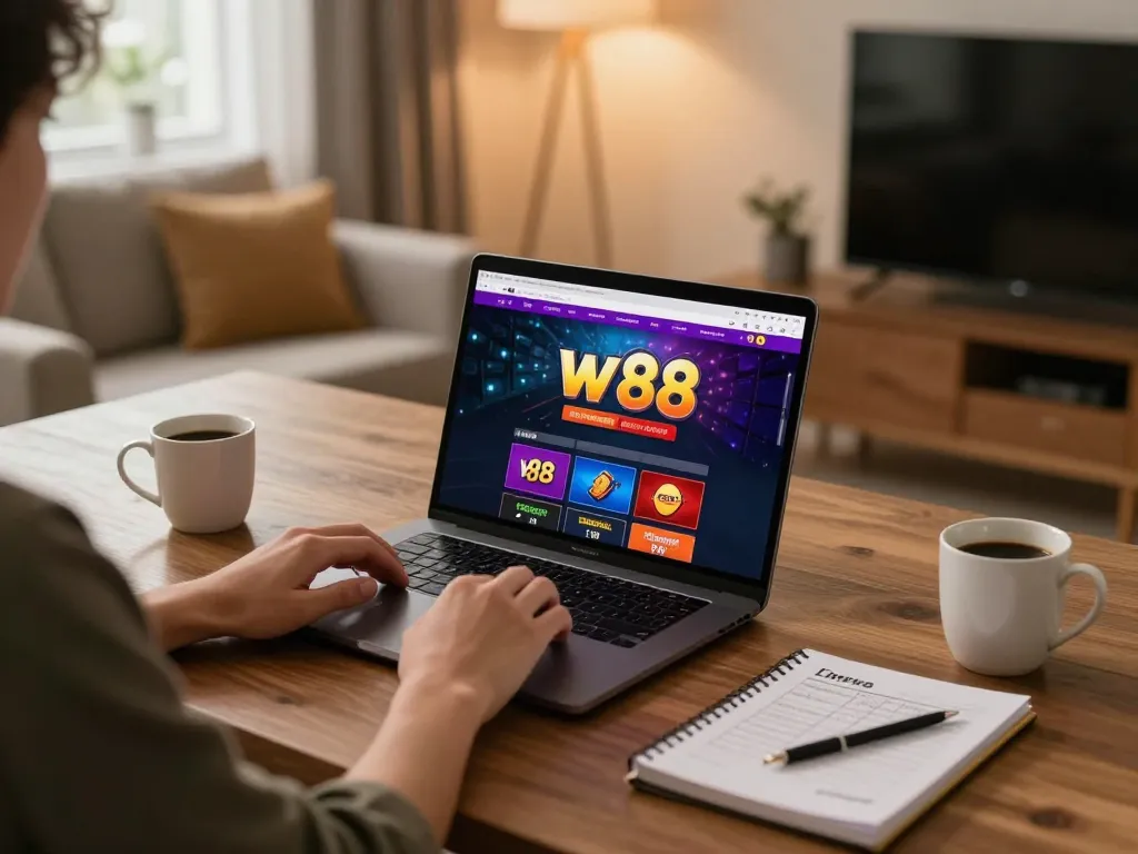 Player engaging with w 88 casino games on laptop in a cozy home environment