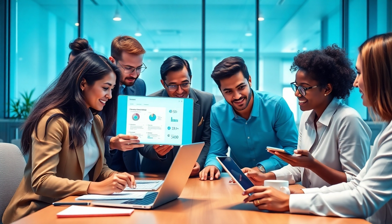 Contact data verification tools in a professional office setting with diverse teams ensuring data accuracy.