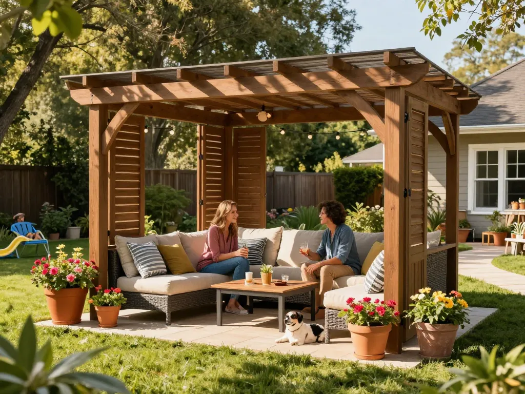 Online pergola configurator creating a cozy backyard oasis with adjustable louvers, vibrant flowers, and a couple enjoying drinks.