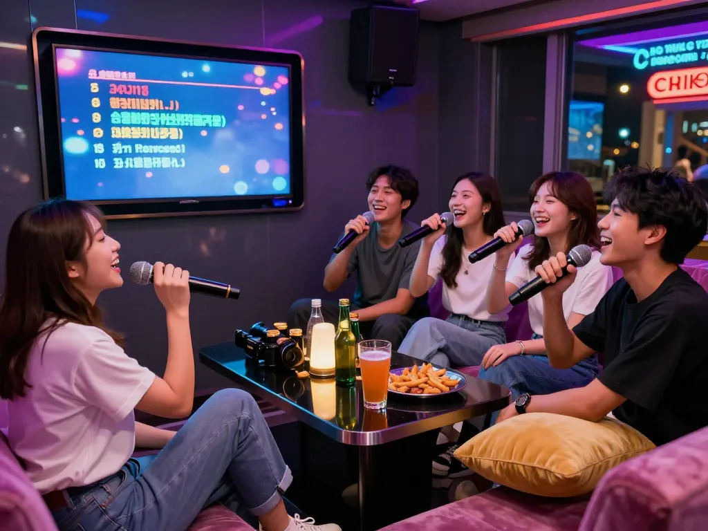 친구들이 https://www.3no.org/seo에서 생동감 넘치는 분위기 속에서 음료와 간식을 즐기며 노래방을 즐기고 있습니다.
