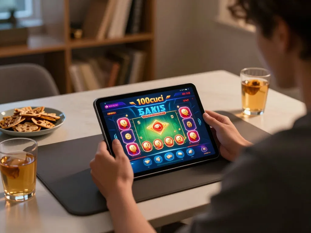 Engaging in online gaming on https://m-100cuci.net/ using a tablet in a cozy home setting.