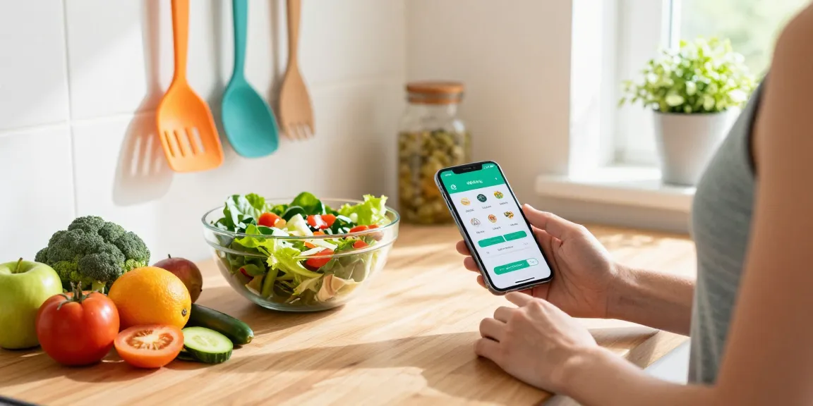 The best nutrition app on a smartphone in a sunny kitchen, highlighting healthy meal logging with fresh ingredients.