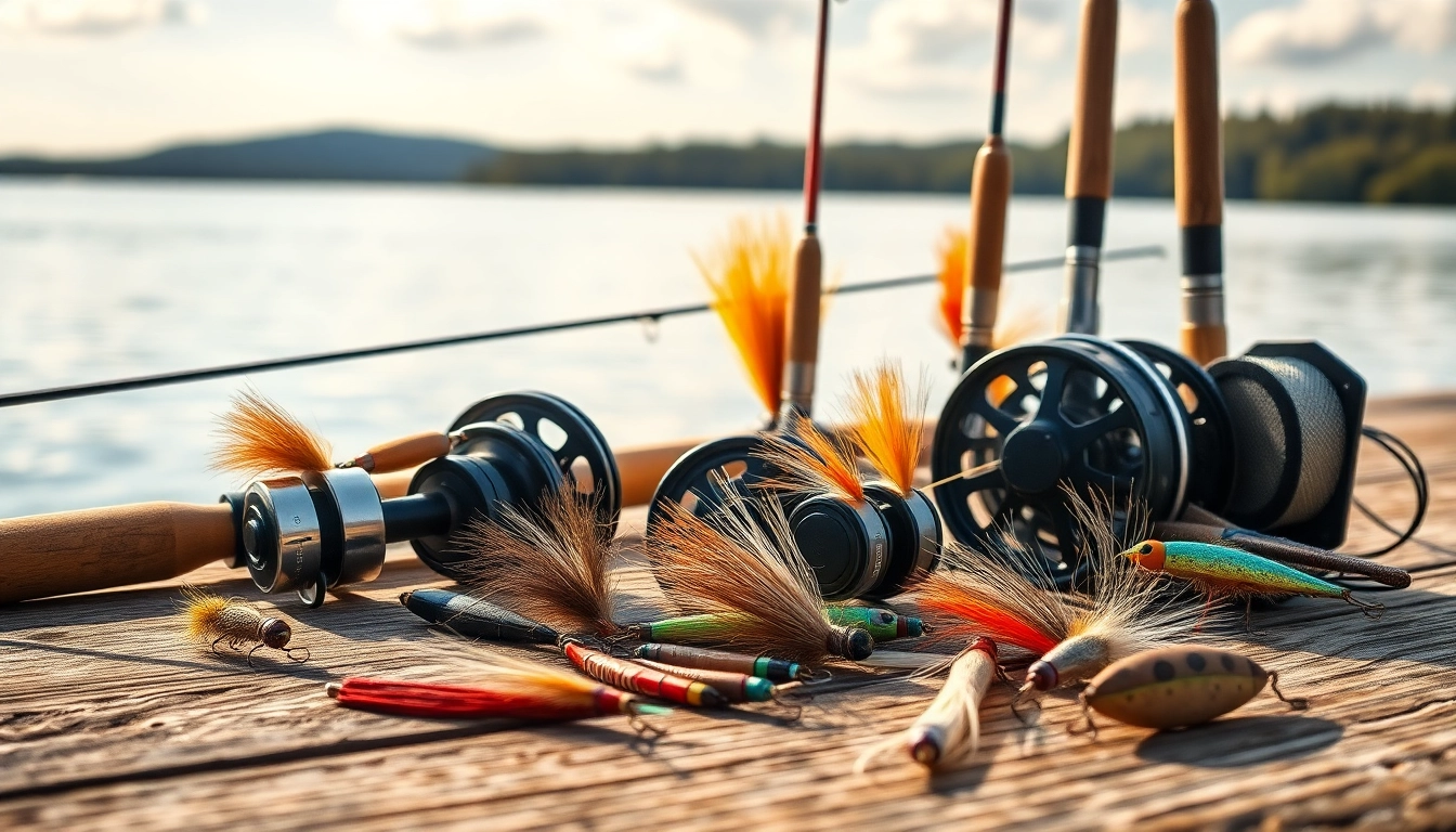 A close-up of fly fishing accessories, showcasing rods, reels, and lures on a textured wooden table.