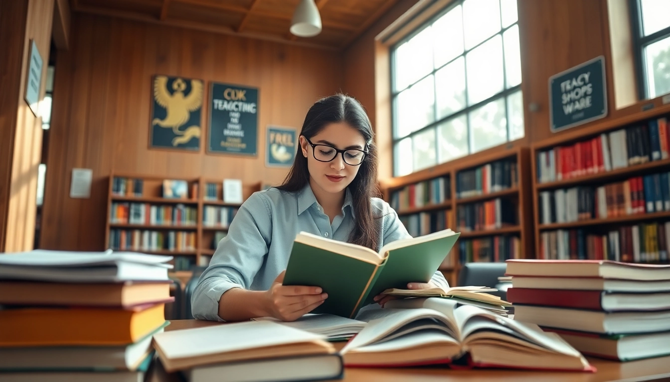 Student preparing to pay someone to take toefl in a bright library, surrounded by study materials.