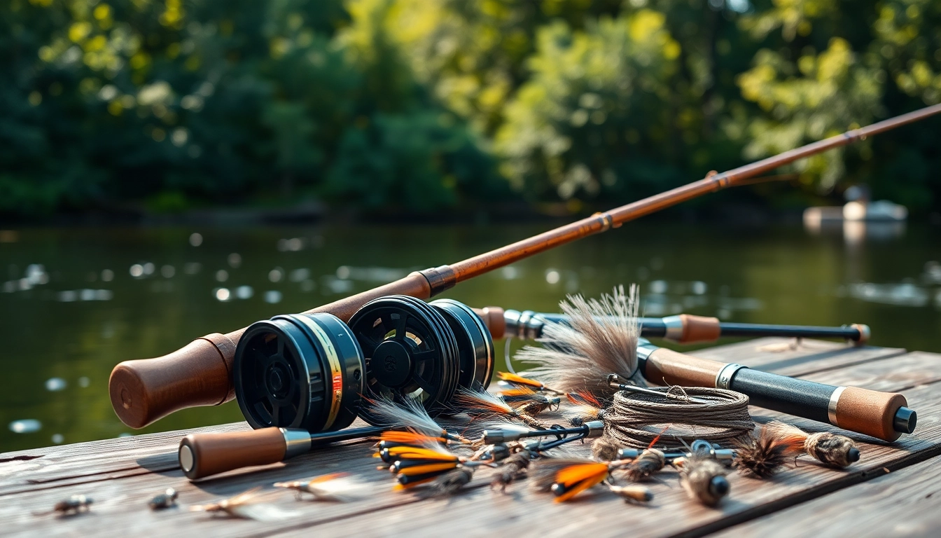 Showcasing a fly fishing kit by a serene river, featuring essential fishing gear.