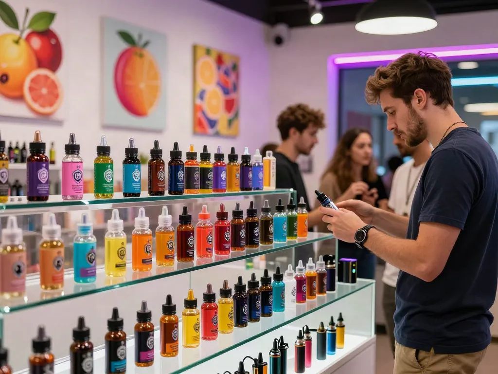 Alternativ vape juice bottles displayed in a vibrant vape shop, highlighting fruity flavors and inviting ambiance.