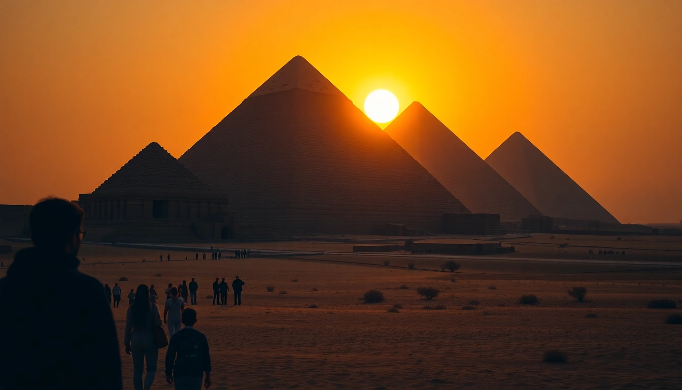 Visitors admiring the iconic pyraminds at sunset, showcasing their majestic beauty.