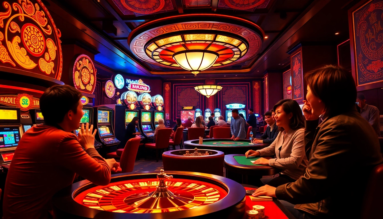 Experience the excitement of slot demo mahjong in a vibrant casino setting filled with colorful machines and enthusiastic players.