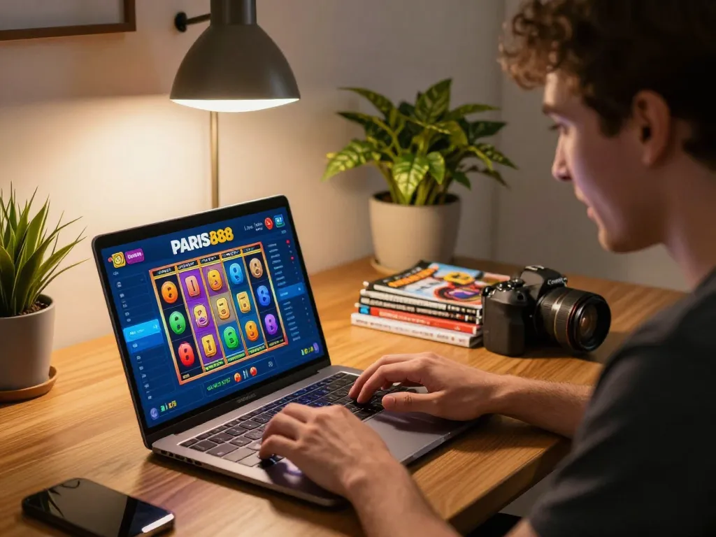 Pemain berinteraksi dengan aplikasi kasino paris888 di laptop, menunjukkan fokus tinggi dan permainan strategis.
