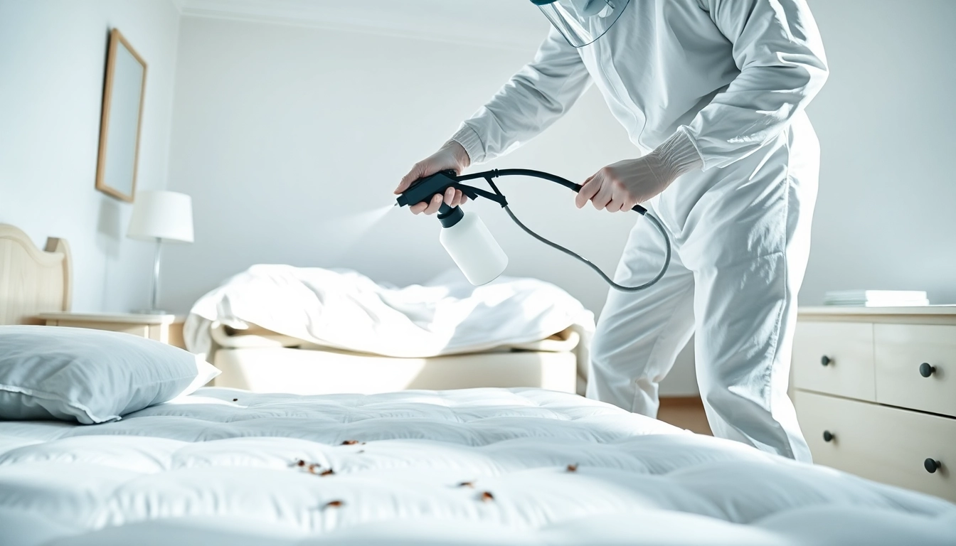 Applying bed bug chemical treatment in a professional setting with focus on safety and effectiveness.