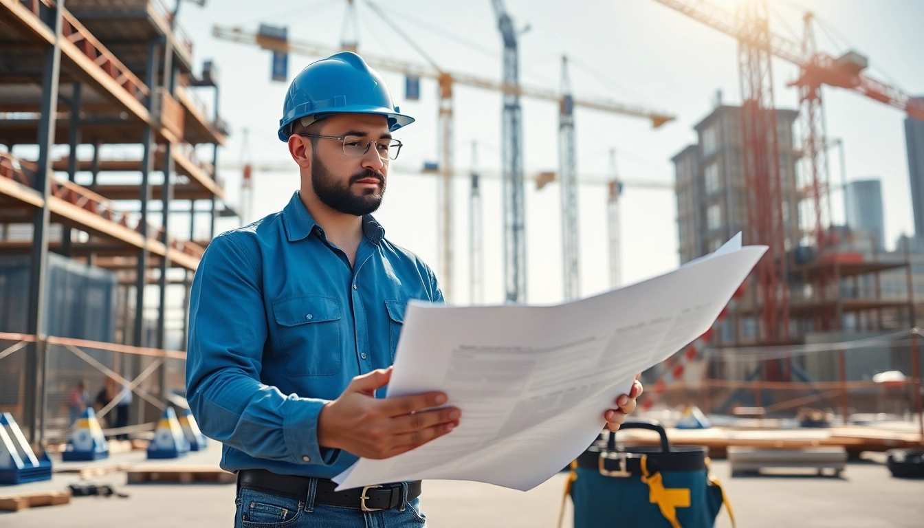 Manhattan General Contractor reviewing construction plans at a busy job site, showcasing professionalism.