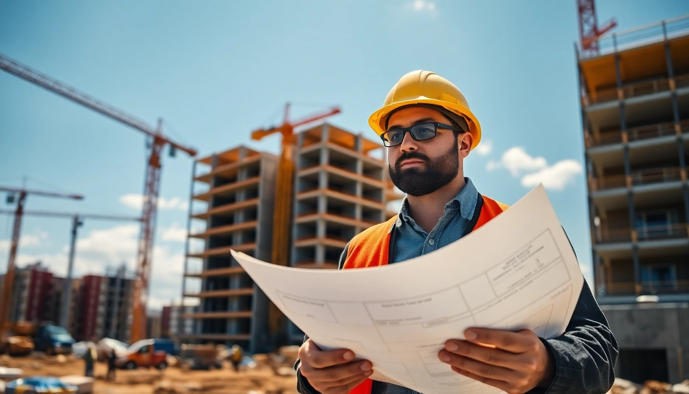 New Jersey Construction Manager supervising a construction project with blueprints.