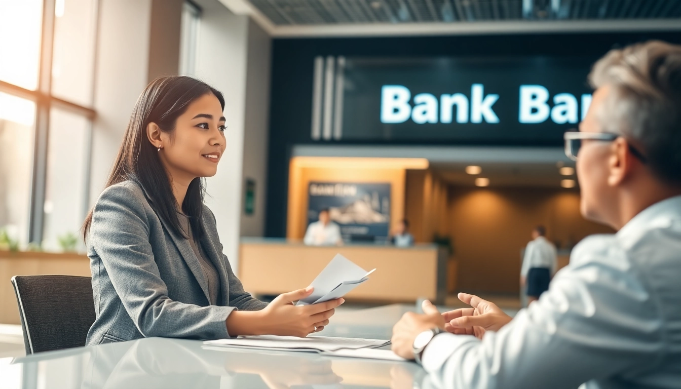 Mengilustrasikan proses deposit 1k di bank dengan penasihat keuangan.