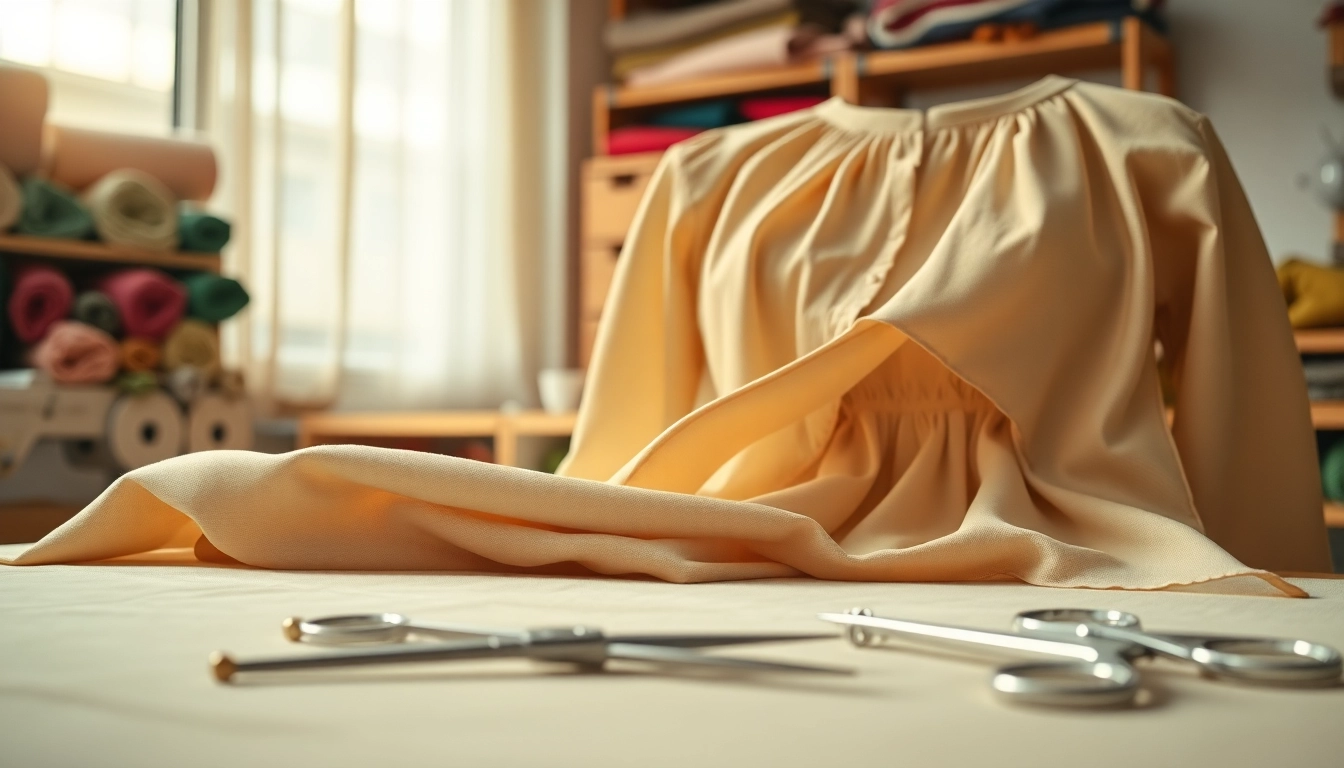 Stof voor blouse nauwkeurig gepresenteerd op een naaitafel met gereedschappen.