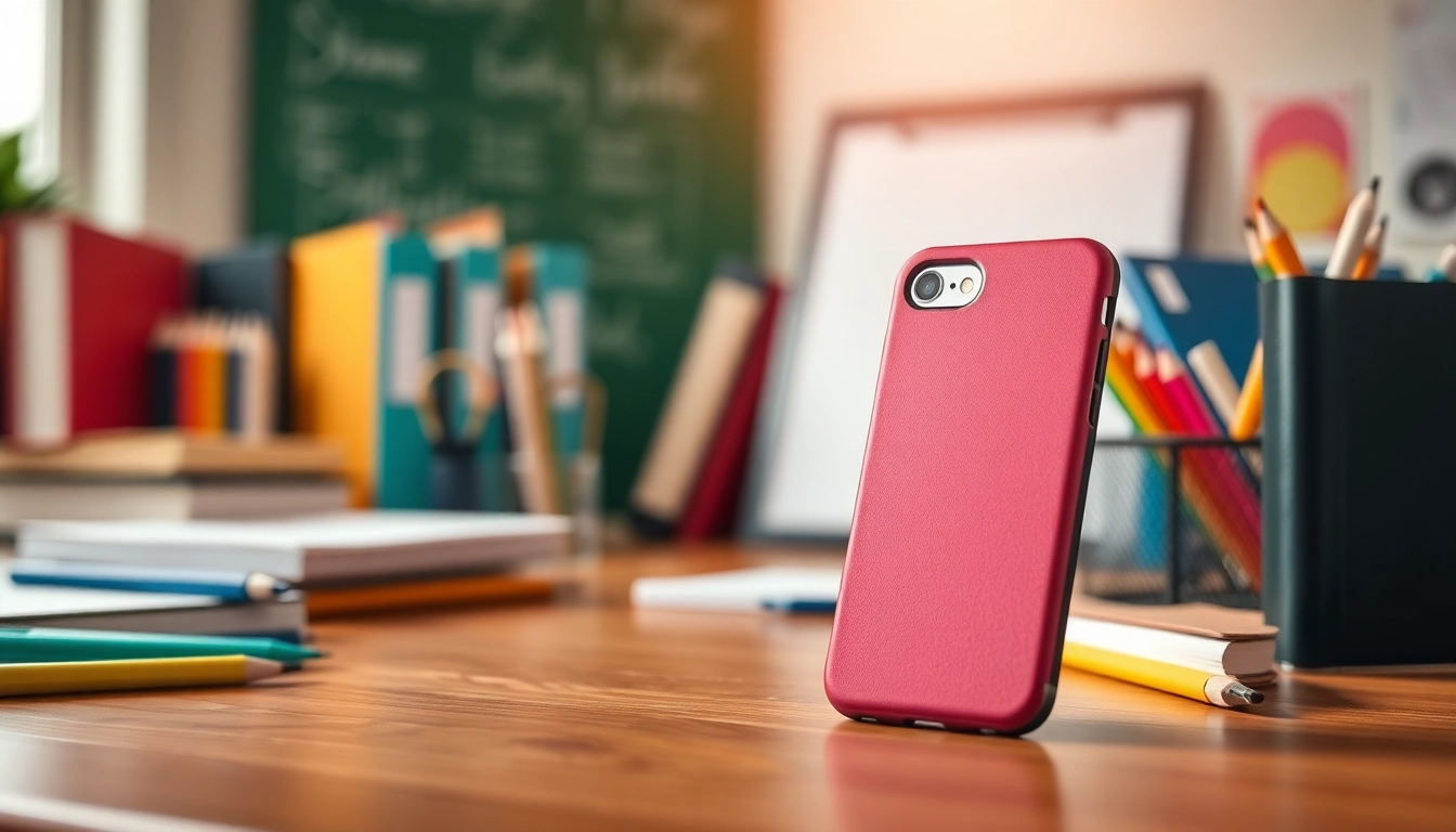 Handytasche Lehrer auf einem Schreibtisch mit Schulmaterialien, perfekt für Lehrerbedarf.