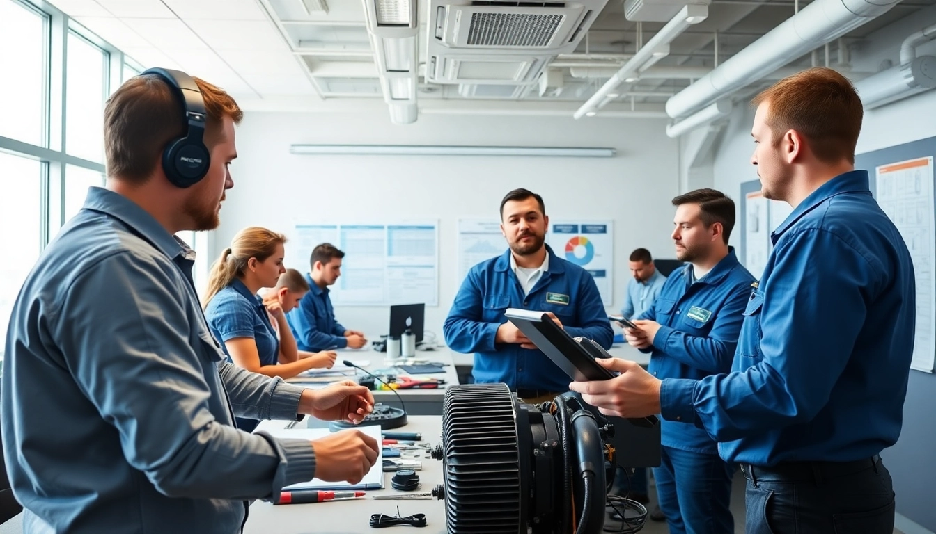 Engage in HVAC technician training with students actively learning in a bright classroom.
