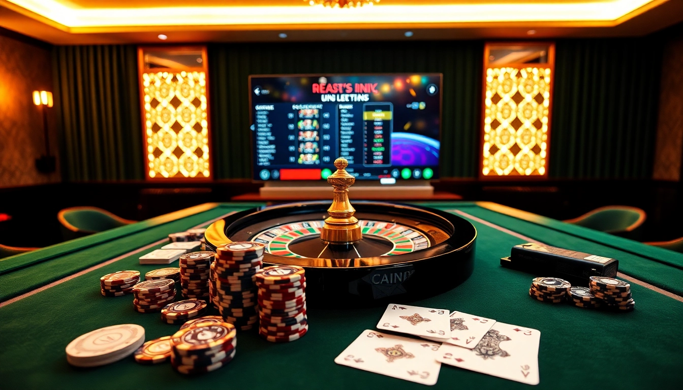 Environnement attrayant de casino en ligne Français avec des jetons de poker, des cartes et une roue de roulette numérique.