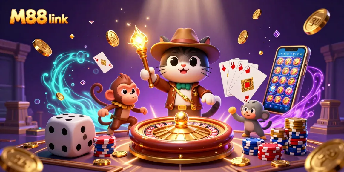 Experience thrilling gaming adventures with M88 link in this vibrant 3D casino illustration.