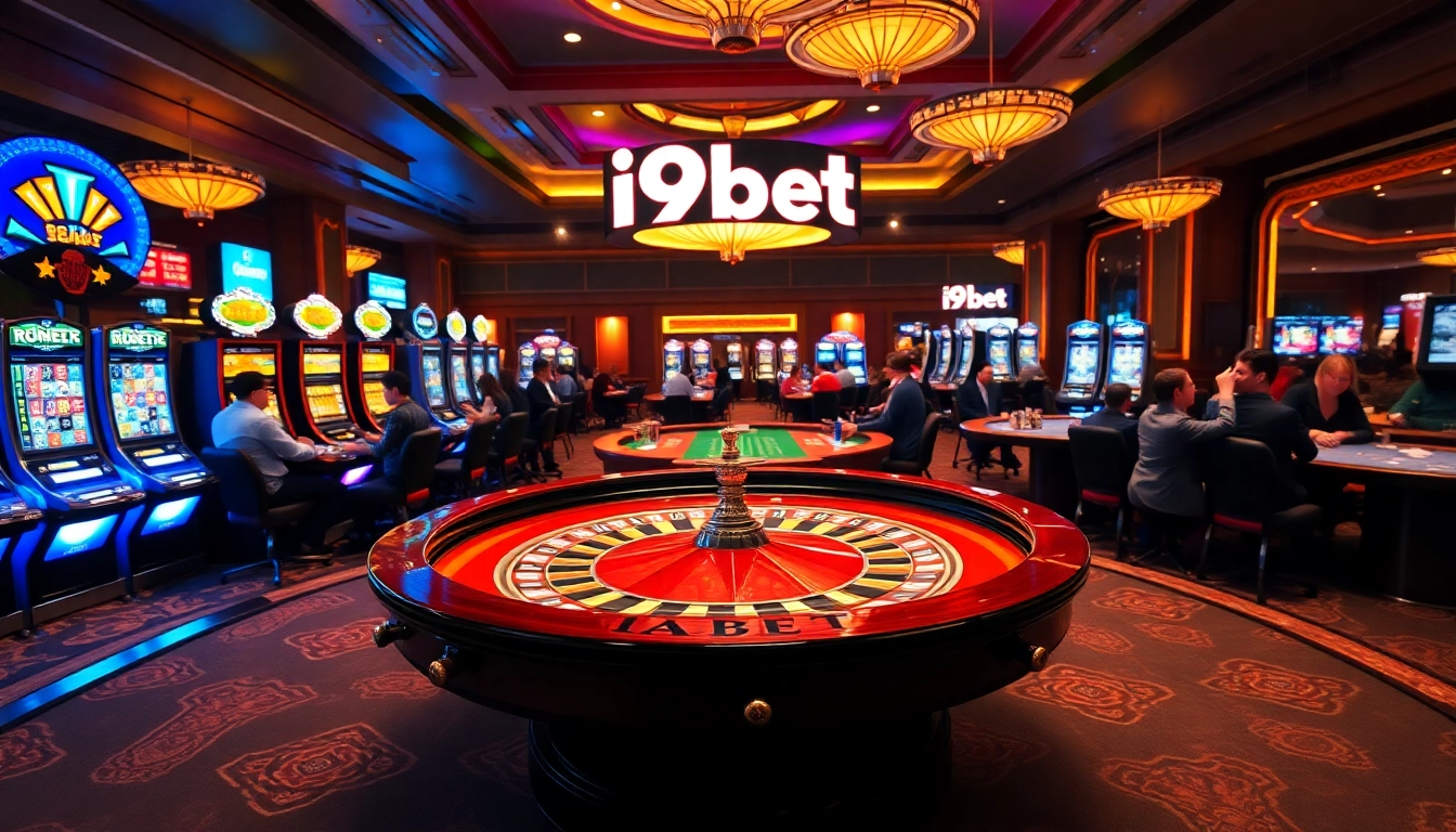 Experience the thrill of i9bet with a luxurious casino scene featuring roulette and poker.