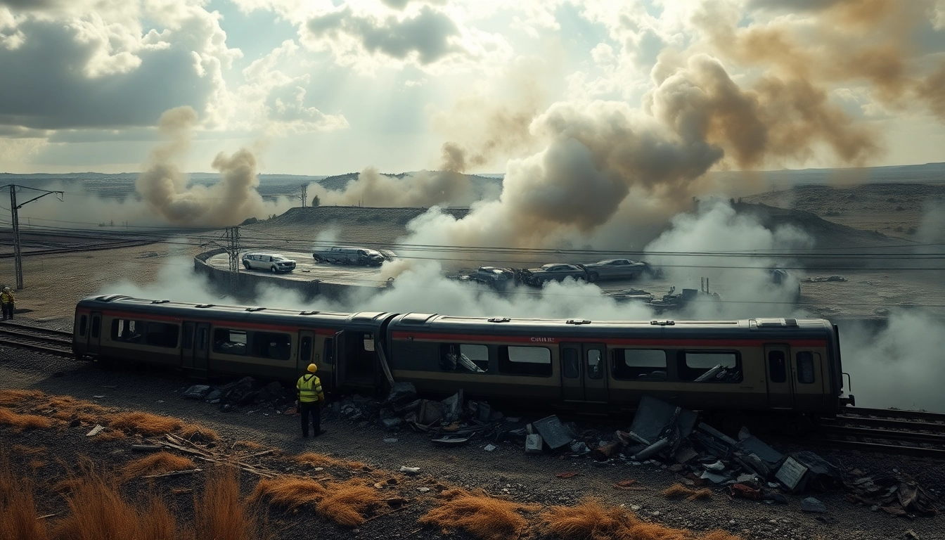 Spain train crash scene showing responders amidst wreckage and smoke.