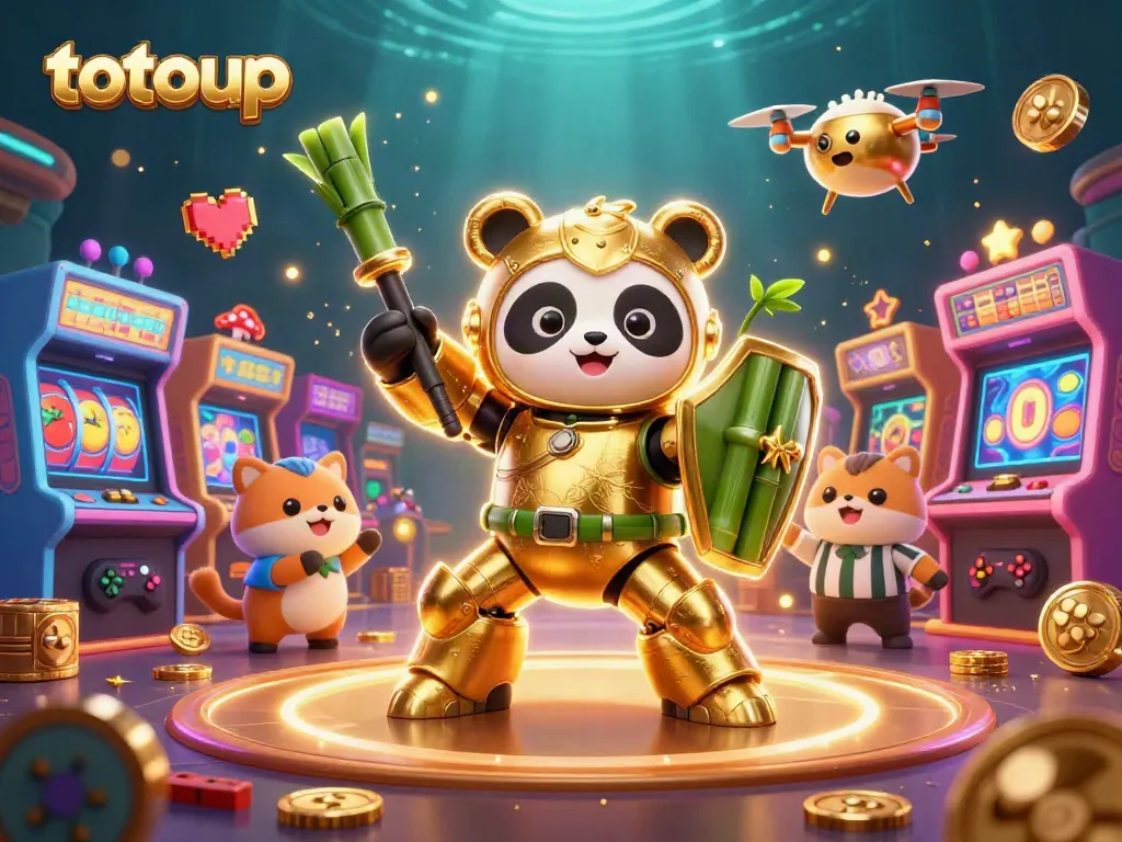 Experience thrilling gameplay at totoup with a mech-suit panda and vibrant casino elements.
