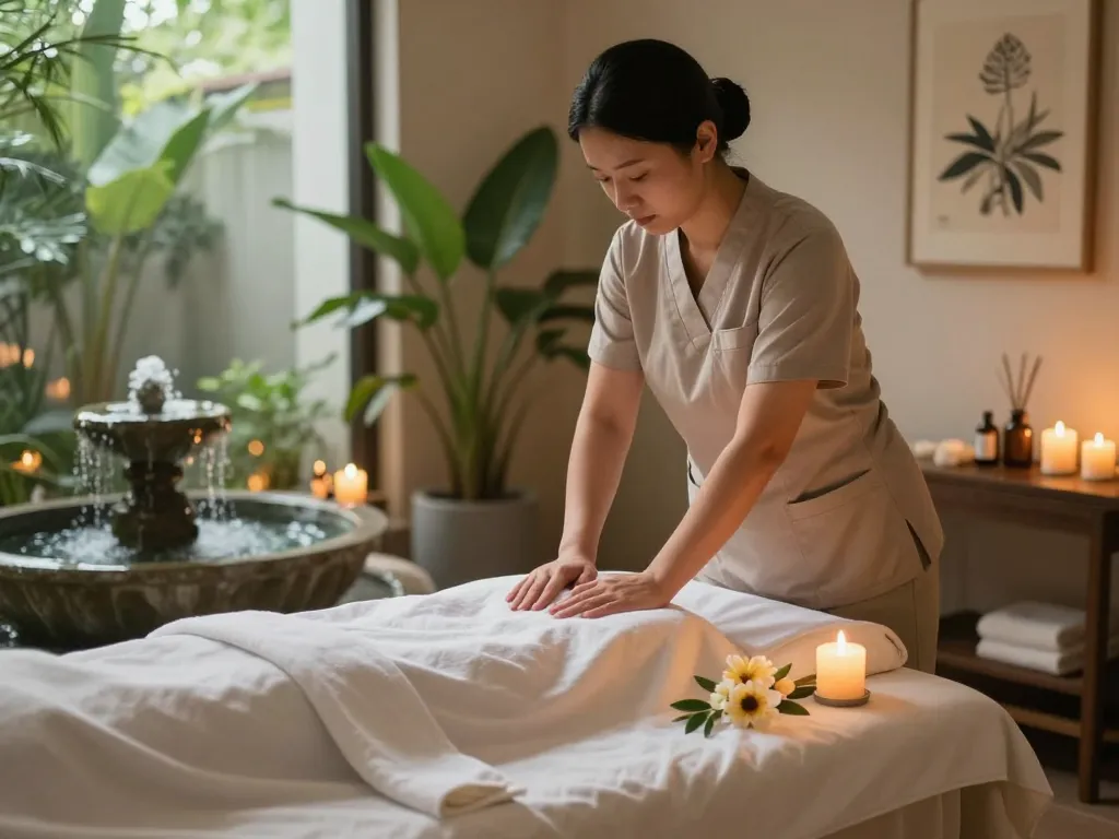 Serene wellness spa scene at https://www.makangs.com/, showcasing a therapist preparing for a relaxing Swedish massage with calming elements.