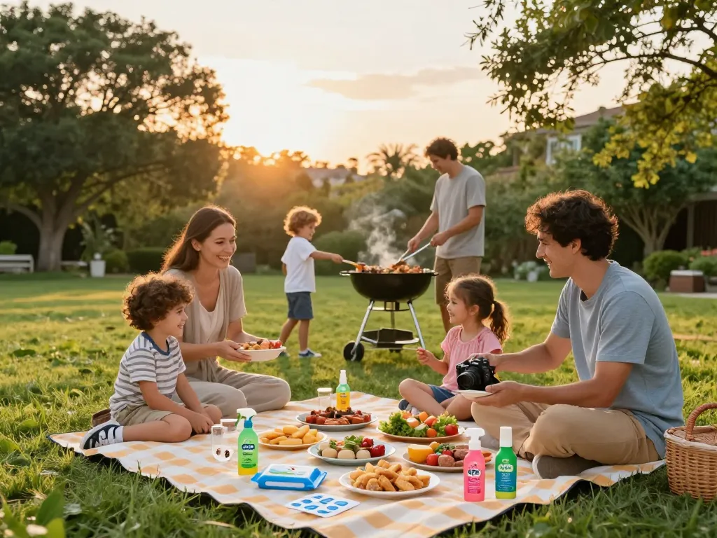 Family enjoying outdoor barbecue with mosquito repellent products on the picnic table.