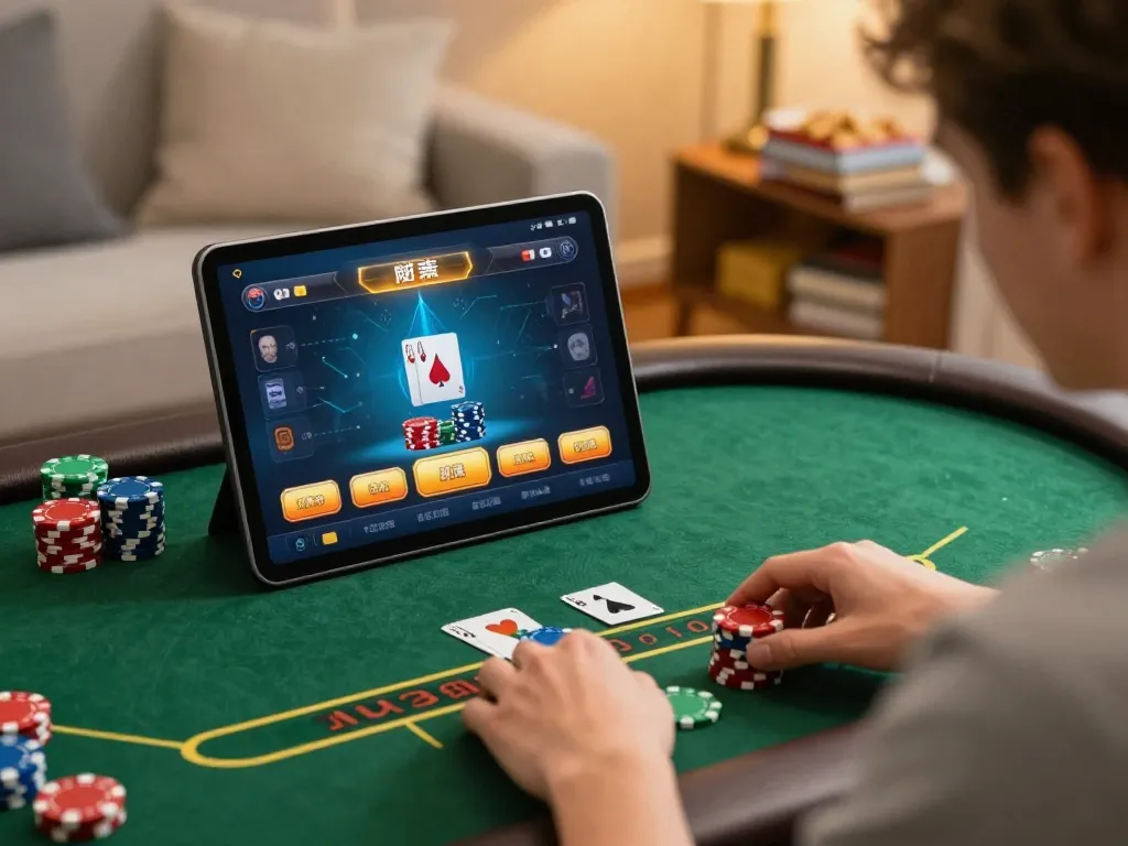 Engaging user on lv88 blog playing online poker, cozy home atmosphere, chips stacked on screen