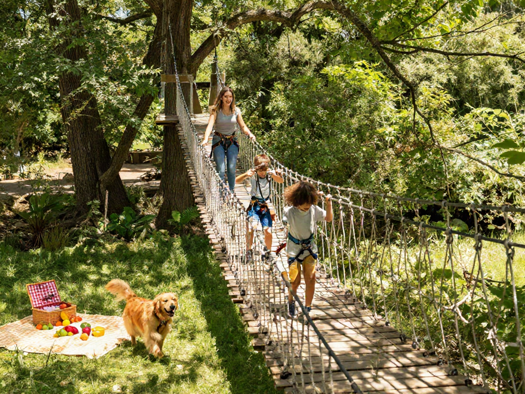 Family crossing a rope bridge in a forest, showcasing outdoor adventure and fun.