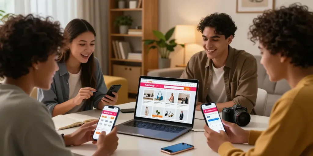 Group of friends excitedly browsing kakobuy sheets on a laptop in a cozy living room.