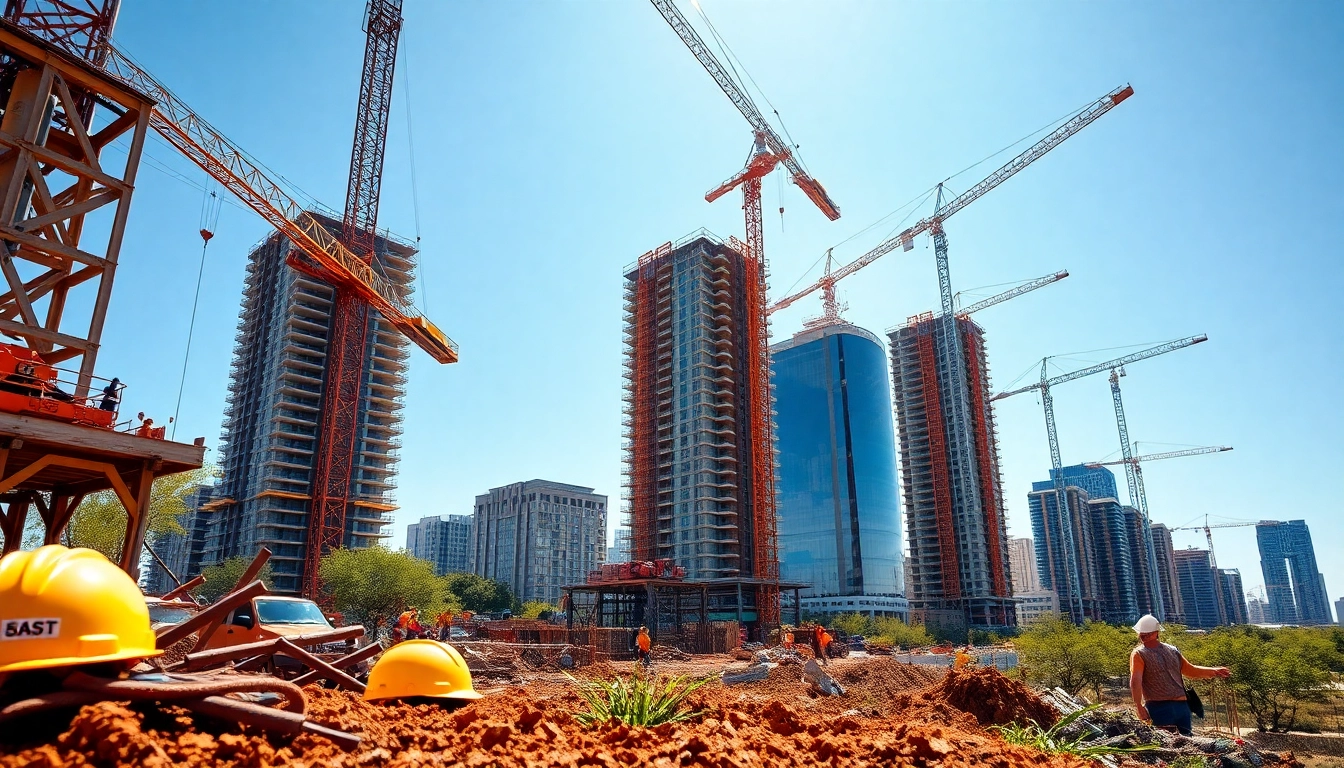 Austin construction site bustling with activity, featuring cranes and workers in a vibrant urban landscape.