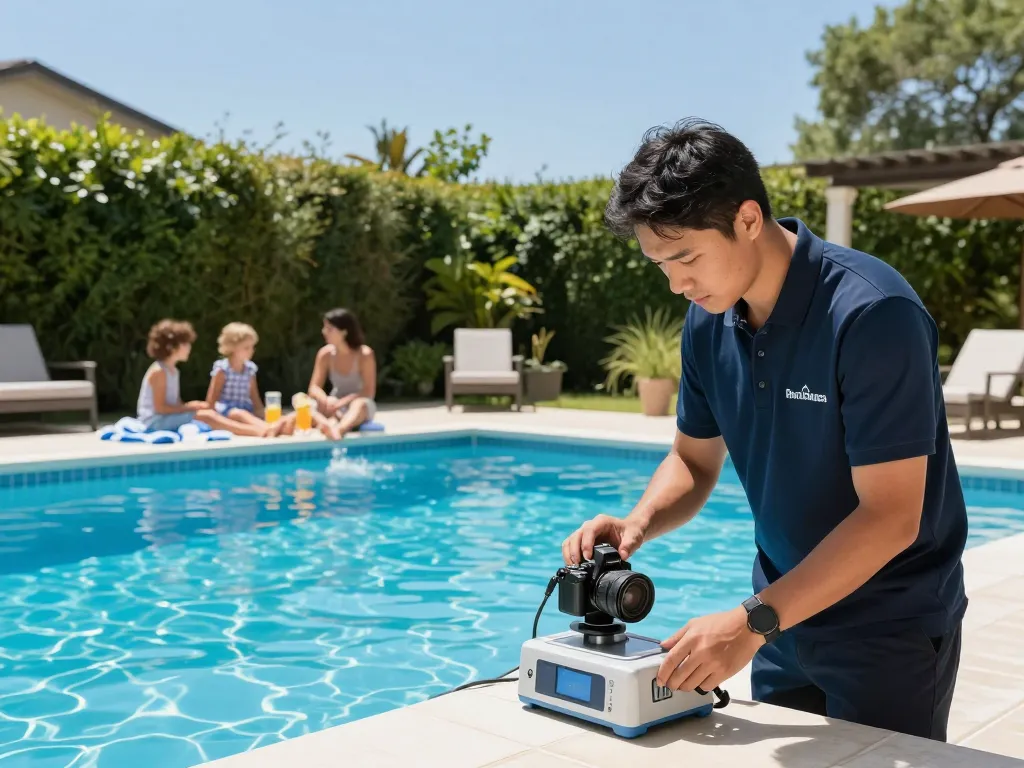 Dolphin Pool Services technician checking pool water quality under sunny skies while family enjoys the pool.