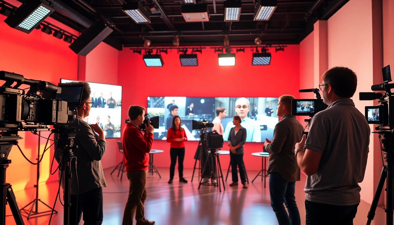 Engaged team of edmonton production companies collaborating in a vibrant studio setting.