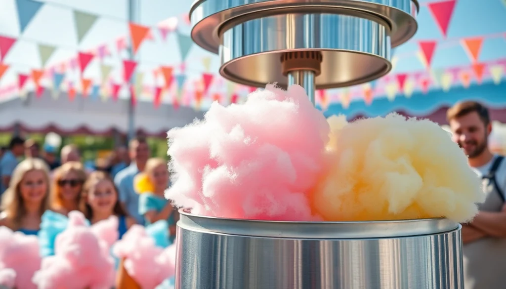 Maak wafel katoen met een kleurrijke suikerspinmachine op een bruisend festivalterrein.