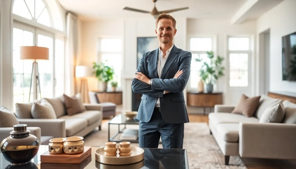 Showcasing a real estate agent in a stylish home, emphasizing properties and professionalism.