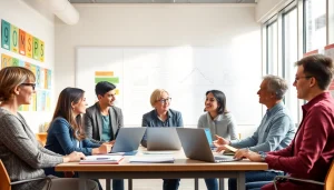 Teachers collaborate on innovative Education strategies in a vibrant classroom setting.